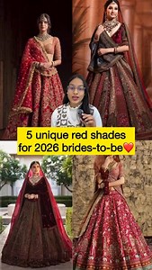If you really want to be a red bride, then do try these unique shades of red bridal lehenga❤️⤵️ 1) Deep red color - Gives ultra luxurious and couture bride vibes. Perfect for fair to deep skin tone. 2) Cherry red color - Fresh and vibrant color. It is a unique shade for 2026 brides. If you have a fair skin tone, girls go for it. 3) Rust red color - The color is slightly towards rust or deep orange. Gives very rich-heritage bridal look. 4) Magenta red color - It is a mixture of red and pink with