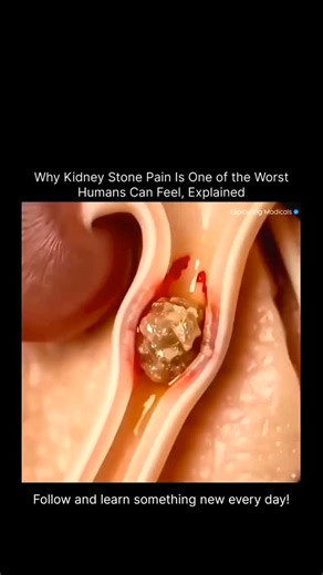 Science | cosmos on Instagram: "When people describe kidney stone pain as “the worst pain of their life,” they’re not exaggerating. A kidney stone is a rock-hard crystal that forms inside the kidney, and when it begins to travel down the ureter—the thin, delicate tube that carries urine to the bladder—it scrapes, stretches, and irritates every millimeter of the passage. The ureter is only a few millimeters wide, so when a stone tries to force its way through, it triggers violent spasms as the bo