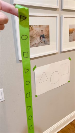 Shape tape hunt activity! Kids love this and it gets them moving, working on motor skills, sorting and categorizing, and shapes. A perfect indoor activity for older toddlers and preschoolers! Draw out shapes on paper. Write the same shapes multiple times on pieces of painters tape and hide them around the house. Let your child find the tape pieces and place on the paper inside the same shape. Follow us for more fun ideas! #toddleractivity #preschoolactivity #indooractivitiesforkids | Stay at Hom