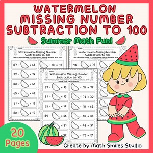 Watermelon Missing Number Subtraction to 100 | Summer Math | 1st - 2nd Grade