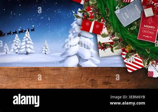 The background is a digital animation of a wooden plank with copy space. The animation features a green fir tree branch and christmas presents on a black background. Santa and his sleigh are flying over a snowy forest in a loop Stock Video Footage - Alamy