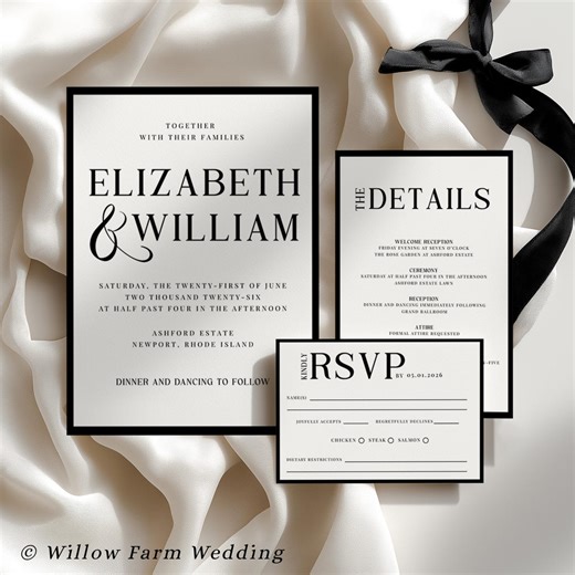 Old Money Wedding Invitation Template, Black and White Luxury Invite Suite, Elegant Formal Canva Editable RSVP Details Card Set - Etsy