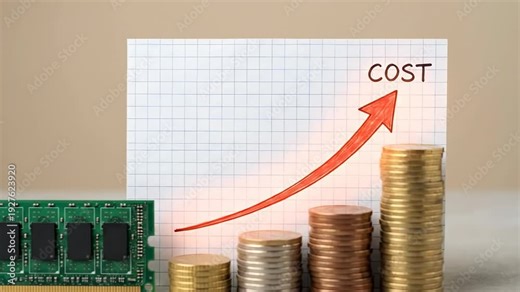 Green computer RAM module and stacked coins next to a graph showing increasing costs with a red arrow pointing upwards on a grid paper background
