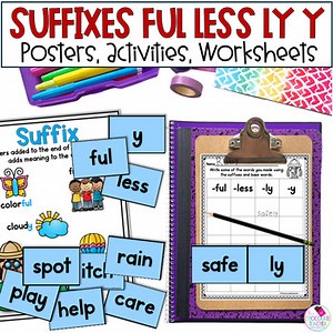 Suffixes Grammar Practice - Root Words & Suffixes FUL, LESS, Y, & LY Worksheets