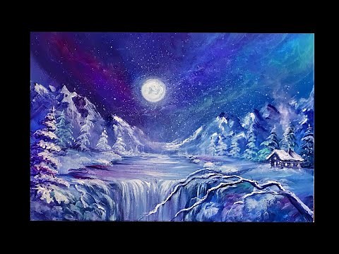 Winter Painting | Acrylic Step By Step | Snowy landscape At Night