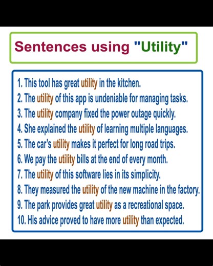 2.5K views · 55 reactions | Meaning of Utility with example sentences #learnenglishsentences #dailyenglishpractice #dailyenglish #English #vocabulary | English Learning | Facebook