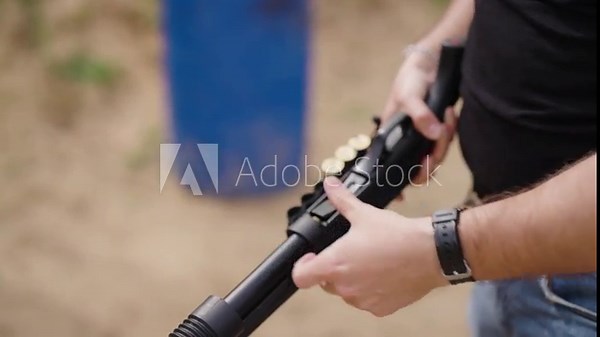 Guy with shotgun reload new shotshells into barrel chamber, shooting range
