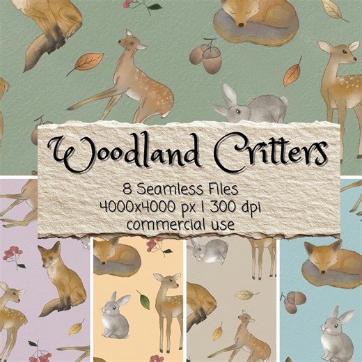 Woodland Animal Digital Paper, Seamless Watercolor Forest Critters Background, Nursery Scrapbook Paper PNG Pack - Etsy