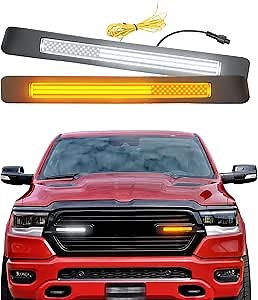For 2019-2024 Dodge Ram 1500 Laramie/Big Horn/Tradesman LED Grille Light Bar with DRL Daytime Running Light Amber Turn Signal Front Bumper Grill Head Lamp Insert Trim Accessories (Flag Accent)