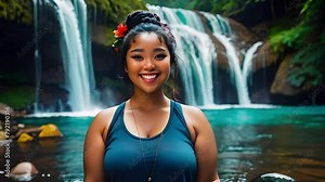 deep depth of field h full body pose full figured female model smiling standing in front of a vivid cascading waterfall wearing a short seamless loop animation