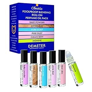 DEMETER Fragrance Library - Classic Six Piece Roll On Perfume Oil Set – Baby Powder, Kitten Fur, Pure Soap, Pixie Dust, Clean Skin, Jasmine