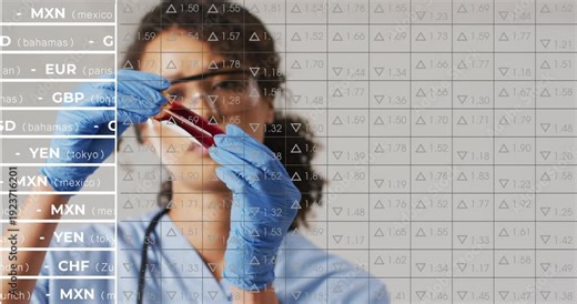 Lab worker raising two blood vials, rotating and inspecting for testing under faint ticker overlay