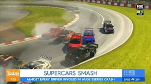 There's been a huge pile-up in the latest Supercars E-Series event. It looks real, but it ain't. | Wide World of Sports