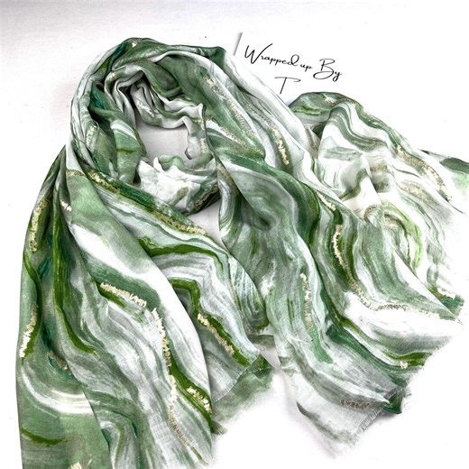Green Marble Scarf, Gold Foil Detail, Cotton Viscose Shawl - Etsy