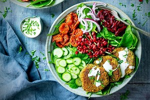 Falafel Salad Bowl with Creamy Feta Dip