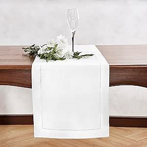 Home Ekaa Off White Table Runner 72 inches Long – 100% Pure Linen Hemstitch 14 x 72 Inch Table Runner for Dining, Spring, Summer, Holiday, Wedding – Azure