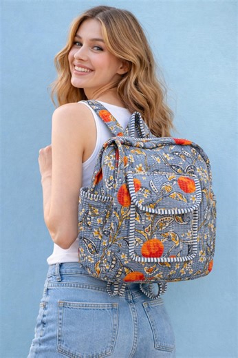 Handmade Quilted Floral Backpack | Cotton Grey Orange Block Print Boho Bag | School Travel Backpack - Etsy Canada