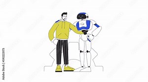 Robotics and humanity animation. Animated humanoid robot hugs human 2D cartoon flat colour line characters. AI impact 4K video concept footage on white with alpha channel transparency for web design Stock Video