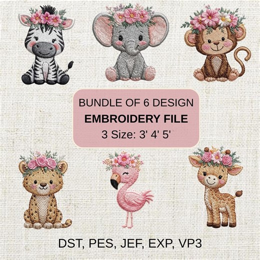 Baby Animal Embroidery Bundle, Safari Animal Embroidery Designs With Floral Crown, Cute Zebra,elephant,monkey,leopard,flamingo,giraffe Files - Etsy