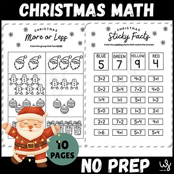 Christmas Math Worksheets (10 Pages) | K-2 NO PREP Activities | Odd & Even