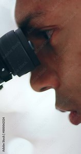 Person, microscope and lab with closeup, medical research and pharmaceutical diabetes clinical trial. Scientist, equipment and tech for innovation in healthcare, pathology or chemistry for study Stock Video