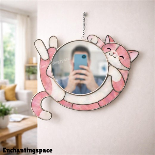 Cat Stained Glass Wall Mirror, Handcrafted Pet Mirror for Makeup Corner Decor, Gift for Cat Owners - Etsy