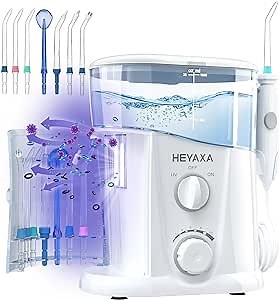 HEYAXA Water Dental Flosser for Teeth Cleaning with 1000ML Large Capacity and UV Storage, 10 Adjustable Pressure Electric Oral Irrigator with 7 Jet Tips for Home Use, Gums, Braces (White)