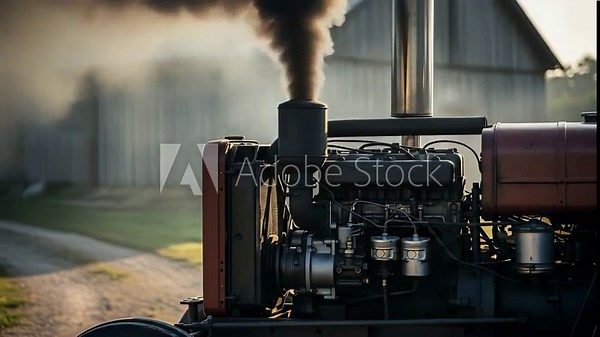 Vintage tractor engine operating with thick black smoke exhaust on the farm field