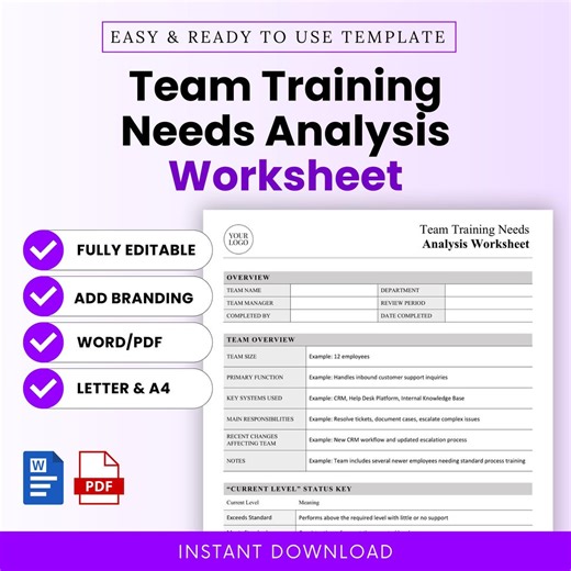 Team Training Needs Analysis Worksheet Template – Word & PDF, A4   US Letter - Etsy