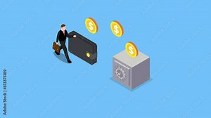 Businessman moves bitcoin from a wallet to a vault isometric 3d animation cartoon