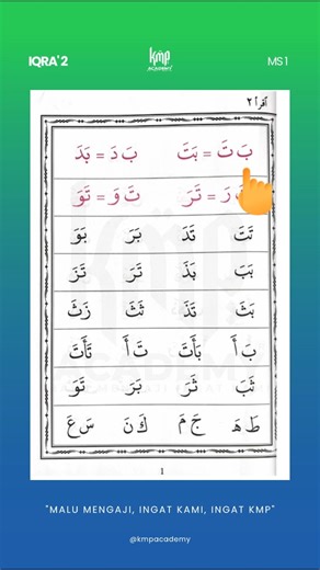 𝐈𝐐𝐑𝐀' 𝐒𝐄𝐌𝐈𝐍𝐈𝐓 (𝐈𝐐𝐑𝐀' 2: MS 1) . . Belajar bacaan Iqra yang senang dan mudah untuk semua ikut ✌🏻 Sesuai untuk anak-anak, adik-adik, atau untuk anda yang nak mula belajar mengaji dari awal, Jom ikut baca satu persatu👳🏼 Semoga Bermanfaat untuk semua ☺️ | Like | Share | Save | Komen | Jom daftar Kelas Mengaji One To One https://kmpacademy.com/ Terokai alam KMP bermula disini https://linktr.ee/kmpacademyinfo #iqro2 #iqra2 #belajarmengaji #alifbata #ngajiquran #kmp | KMP Academy