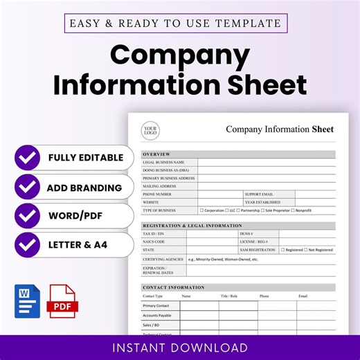 Company Information Sheet Template – Word & PDF, A4   US Letter - Etsy