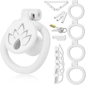 Inverted Chastity Cage Sissy Cock Cage for Men's Penis Exercise Flat Chastity Cage with 4 Different Size Rings and 2 Keys Sex Toys Penis Cage Used to Restrain a Man's Penis (White+Belt)