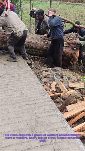 Team Lifting a Giant Log：Manual Log Moving in Action