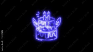 Cake Outline Icon in HD Video Neon Animation – Dessert and Celebration Symbol with Dynamic Glow on Black Background