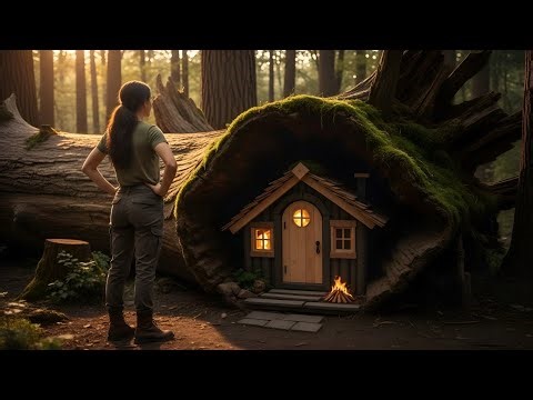 ASMR Tree House Build in Forest | Woman Creates a Hidden Mini Home in Tree Trunk