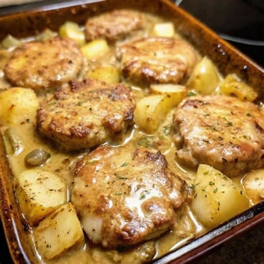 Tender pork chops and potatoes baked in rich onion gravy—comfort on a plate. 🔗 Full recipe link in the first comment 👇 | Cooking By Diana