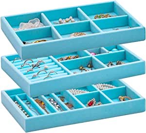 Stackable Necklace Tray Jewelry Organizer - Velvet Jewelry Storage Display Trays for Drawer, Earring Necklace Bracelet Ring Organizer, Set of 3 (Blue)