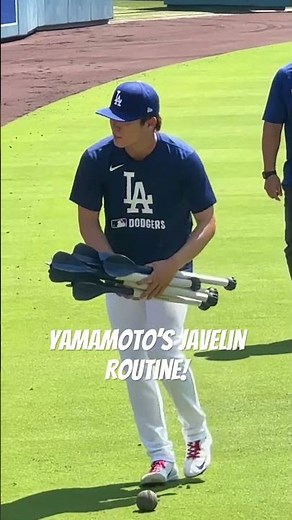 Yoshinobu Yamamoto’s warm up routine with javelin, Los Angeles Dodgers