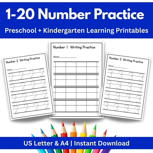 1–20 Number Writing Practice Worksheets | Preschool & Kindergarten Number Tracing | Printable Math Worksheets | US Letter and A4 - Etsy