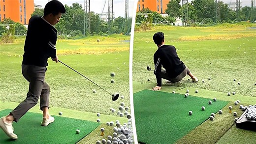 Novice golfer accidentally whacks basket of balls at driving range