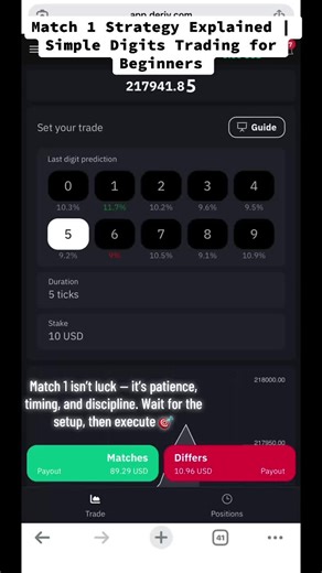 In this video, I break down how the Match 1 contract works and how I approach it using digit statistics and patience. The goal is not to enter every tick, but to wait for the right conditions where the digit 1 is due based on recent market behavior. Discipline and proper staking are key when trading Match contracts. This content is for educational purposes only — always manage your risk #Match1 #DerivDigits #DigitsTrading #BinaryTrading #SmartEntries