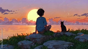 Serene Sunset Lofi Loop Animation | Boy and Cat Watching Sunset | Relaxing Lofi Loop Animated Background