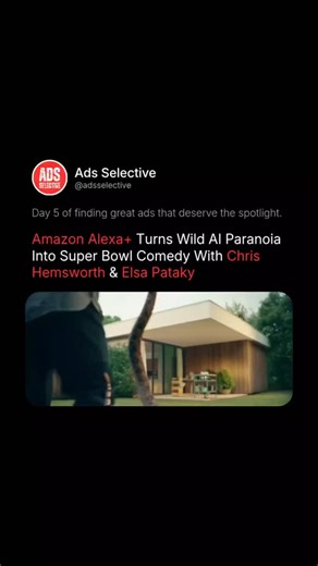 Ads Selective | Marketing | Advertising on Instagram: "Amazon’s 2026 Big Game commercial “Alexaaaa+” debuted during Super Bowl LX, showcasing the tech giant’s newest AI-enhanced Alexa+ voice assistant in a humorous spot aimed at millions of viewers. The ad stars Chris Hemsworth and Elsa Pataky, with Hemsworth playing an over-the-top version of himself who initially suspects Alexa+ might be plotting against him, imagining outlandish scenarios before ultimately discovering the assistant’s practica