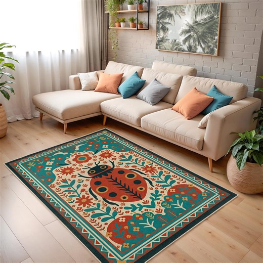 Colorful Ladybug Pattern Rectangular Rug | Boho Floral Design Carpet | Unique Home Decor | Vibrant Insect Area Mat - Etsy