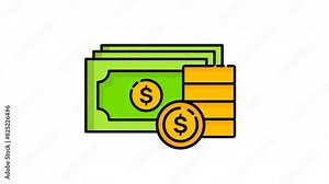 Animated paper currency and dollar coins, with transparent background, 4K video