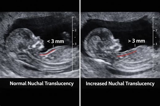radiology.studyhub on Instagram: "👶 Nuchal Translucency (NT) Scan | Comparison ⬅️ Normal NT ( 3 mm) 📌 NT scan done between 11–13+6 weeks 📌 Increased NT → ↑ risk of: • Down syndrome (Trisomy 21) • Other chromosomal anomalies • Congenital heart defects 💡 Radiology Tip: NT measurement always in MID-SAGITTAL view. #radiology #medicalstudent #reelsinstagram #likesforlikes"