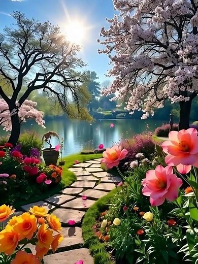 4K Relaxing Spring Garden: Cherry Blossom, Danau Indah & Bunga Warna-Warni (No Copyright Music)