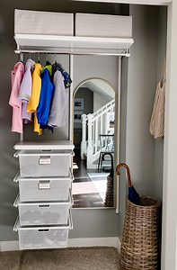 A pre-designed Elfa space is the secret to simple, clutter-free bliss! 💙👏 Watch until the end to see Everyday Grace Designs tips for organizing your entryway closet. SHOP: https://container.store/3TyVJFF at #TheContainerStore Elfa is incredibly strong, completely adjustable, and perfect for adding custom storage anywhere. #ContainerStoreCustomSpaces Products used: 💙 Elfa Classic Reach-In Closet 💙 Kiva Storage Bins | The Container Store