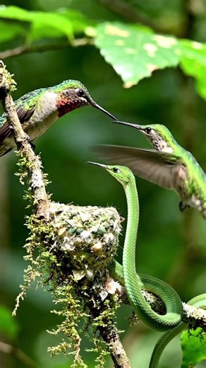 A small bird fiercely protecting its nest from a snake in a natural forest setting #nature